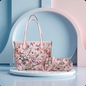 Chic Floral Pink Tote and Crossbody Bag Set